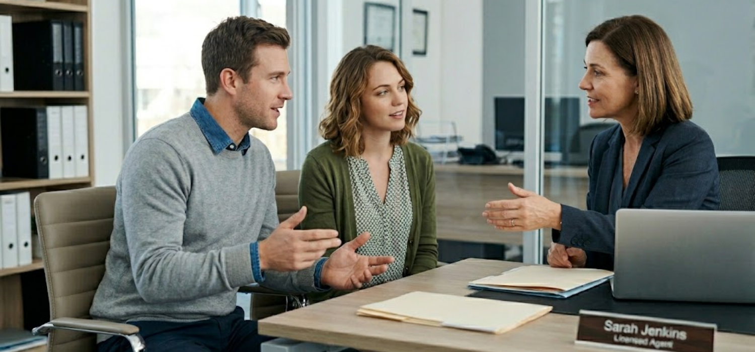 A licensed agent discusses term life insurance options with a couple in an office setting, explaining coverage benefits, premiums, and financial protection for their family’s future.